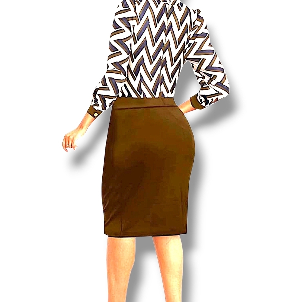 KNOLT - XX-L Classy Casual Striped Print Work Dress (A Brown) - Picture 3 of 10